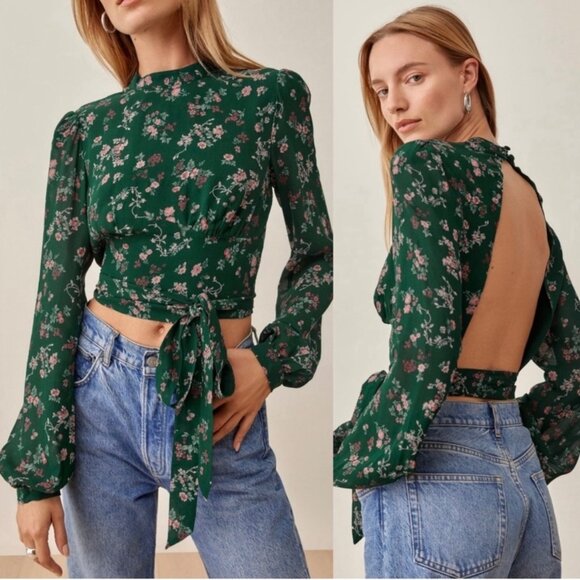 NWOT REFORMATION Raye Top Sz.12 Floral Green Tie Waist Open Back Boho Fairy - Picture 2 of 14